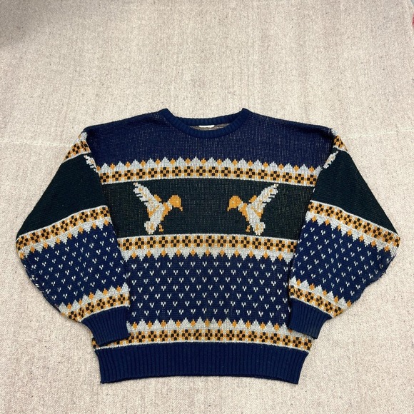 Vintage Other - Vintage Bird Sweater Mens XL Blue 1980s Striped Geometric Outdoors USA Classic‎